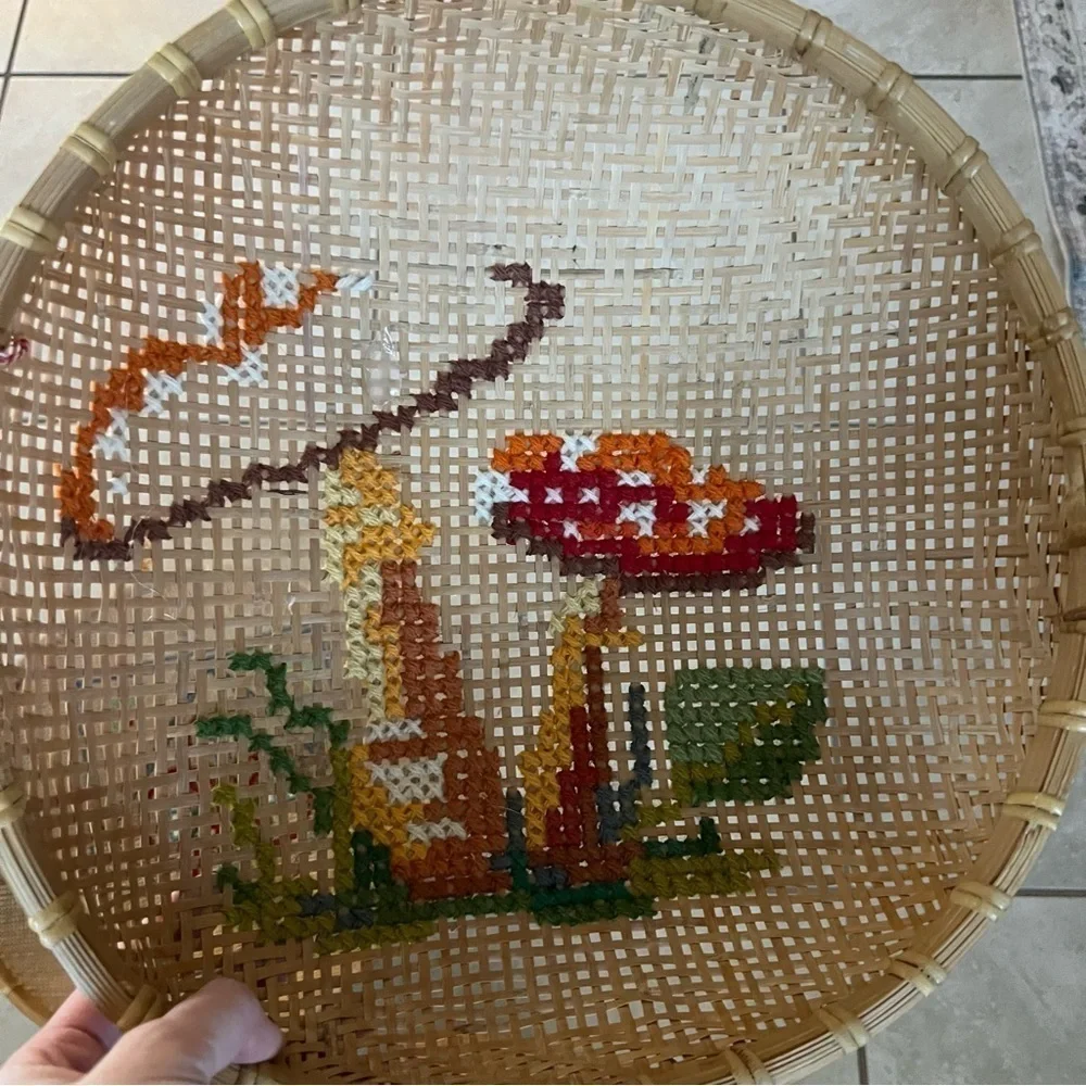 set of 3 hand embroidered basket wall mushroom, house, tree, flowers boho